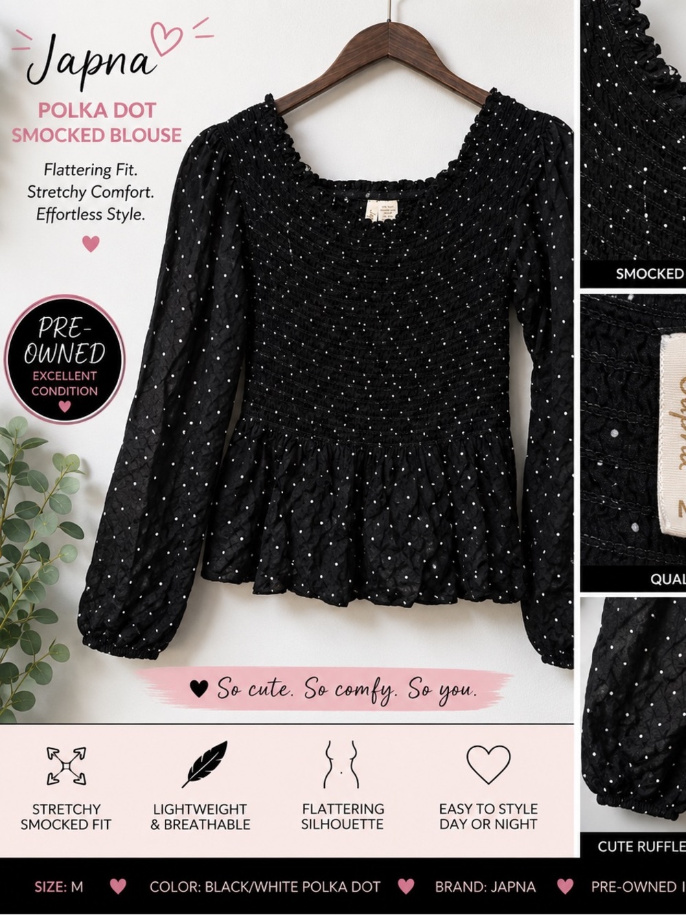 Japna Black White Polka Dot Smocked Peplum Top